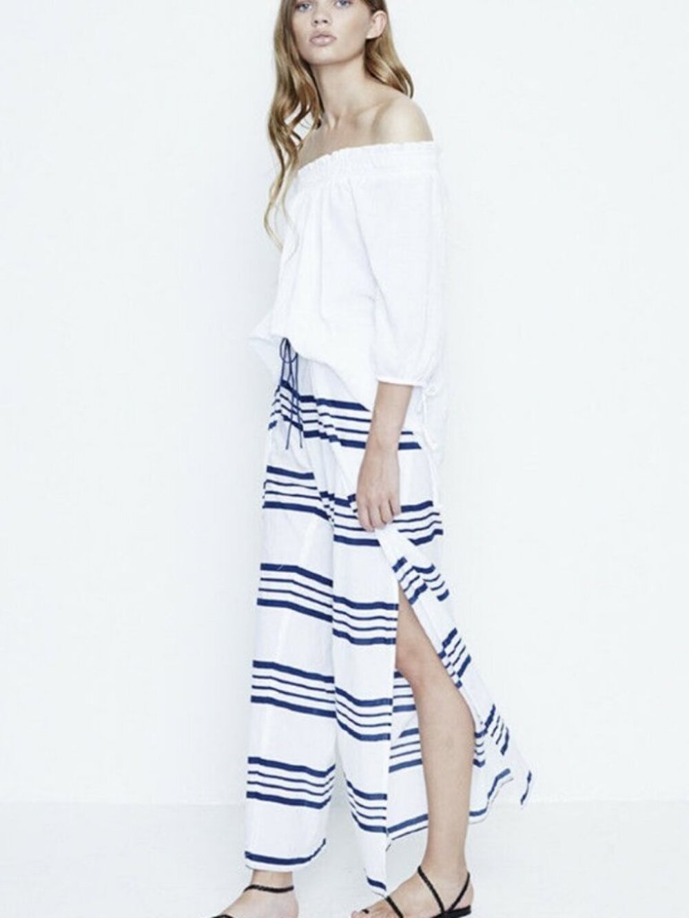 Faithfull The Brand Blue White Montero Del Rio Striped Slit Pants
